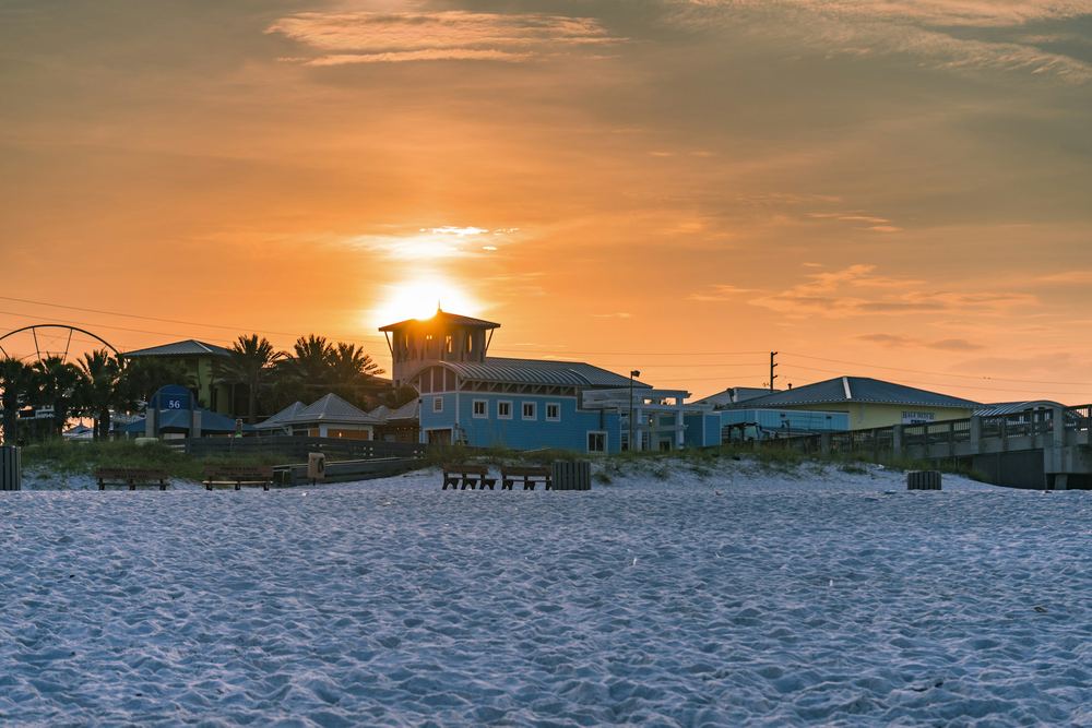 Sunrise over the sand and beachfront at Panama City Beach