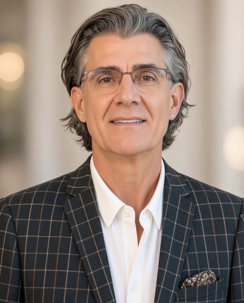 Steven R. Holland smiling, wearing glasses, a white open-collar shirt and a navy windowpane-check blazer with a pocket square